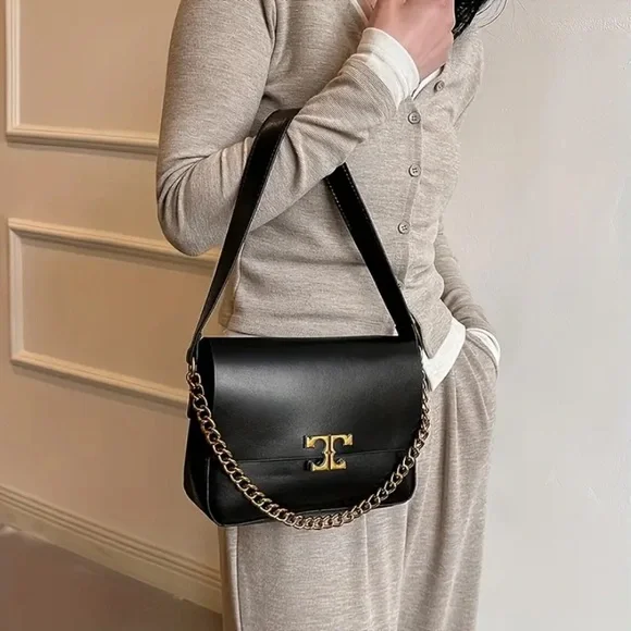 New Designer Inspired Vegan Faux Leather Shoulder Bag Golden Chain Strap NWT - Picture 3 of 15